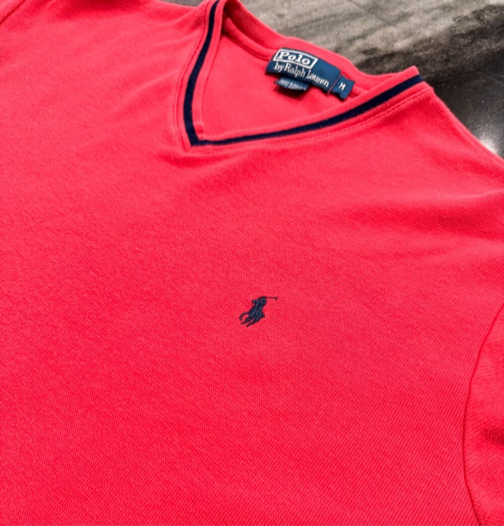 Polo Ralph Lauren Varsity V Neck Sweater Mens Medium Red Navy Pony Cotton Knit